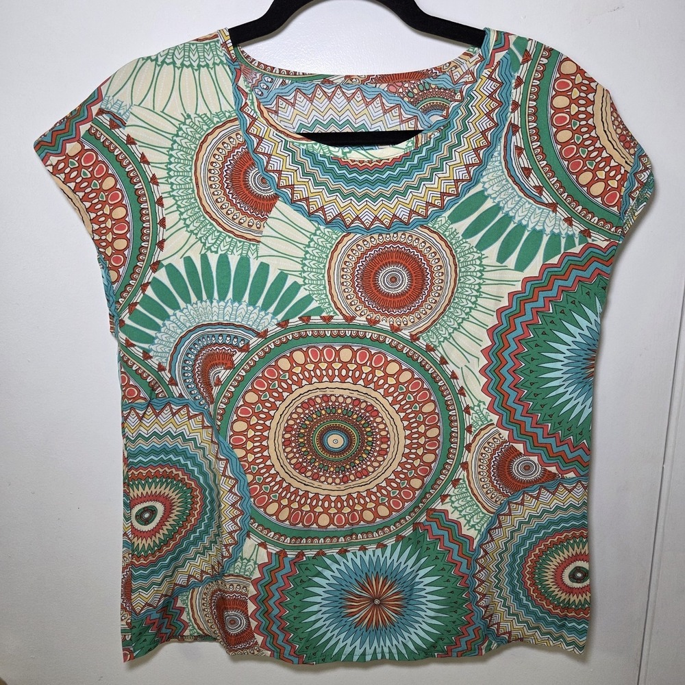 Women's Abstract Medallion Print Short Sleeve Blouse Geometric Boho Top